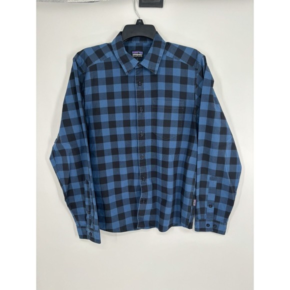 Patagonia Men's Small Long‎ Sleeve Button Up Plaid Blue Organic Cotton Polyester - Picture 1 of 5